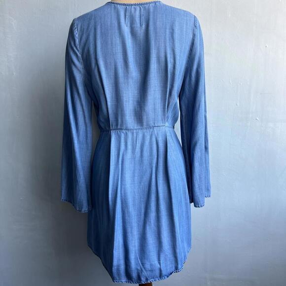 Guess LA Western Small Chambray Blue V Neck Wrap Mini Dress Long Bell Sleeve - Picture 3 of 13